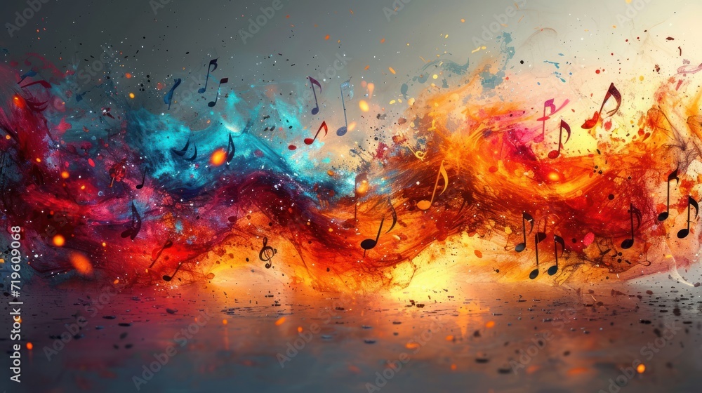 a group of musical notes floating in the air with a splash of water on the floor and on top of them are fire and blue, red, yellow, orange, red, and blue, and black, and white. a group of musical notes floating in the air with a splash of water on the floor and on top of them are fire and blue, red, yellow, orange, red, and blue, and black, and white.