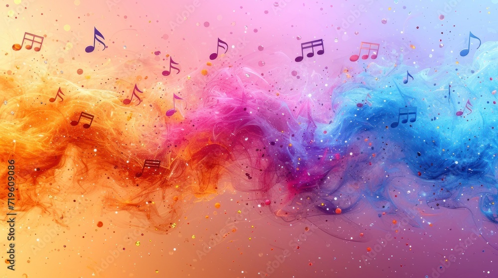  a multicolored background with music notes coming out of the top of the rainbow colored smoke and streamers of music notes coming out of the bottom of the rainbow colored smoke.