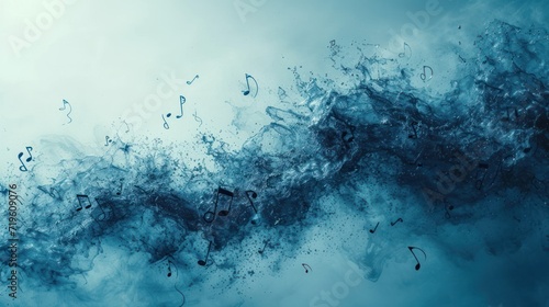  a group of musical notes flying through the air in front of a cloud of blue and white smoke on a gray and blue background with a blue hued background.