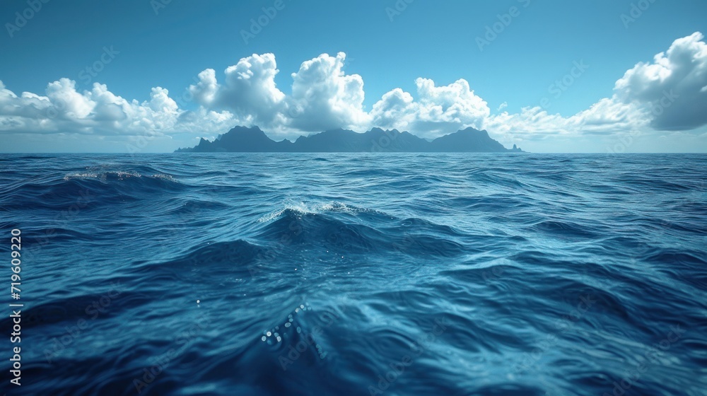 a large body of water with a small island in the middle of the middle of the ocean in the distance is a cloud filled blue sky with white fluffy clouds. a large body of water with a small island in the middle of the middle of the ocean in the distance is a cloud filled blue sky with white fluffy clouds.
