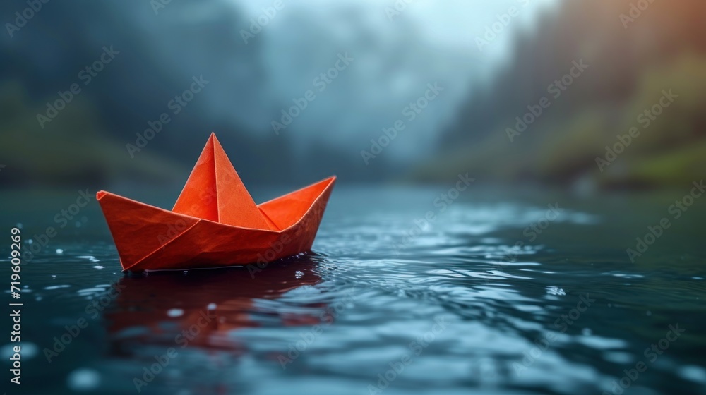  a red origami boat floating on top of a lake in the middle of a forest next to a forest filled with lots of trees and surrounded by water.