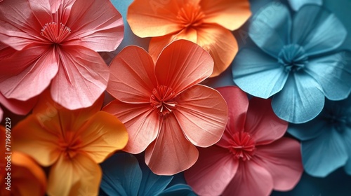  a group of colorful paper flowers sitting on top of a blue and red wall next to a wall of other colored paper flowers on top of a blue and red wall.
