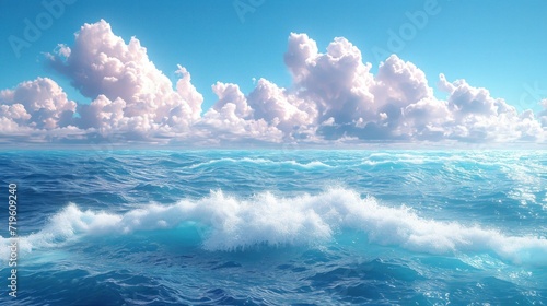  a painting of a large body of water with white clouds in the sky and blue water with white foam on the bottom of the water and bottom of the water.