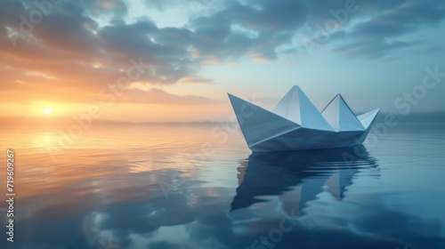  a paper boat floating on top of a body of water with the sun setting in the sky above the water and clouds in the sky above the water is a body of water.