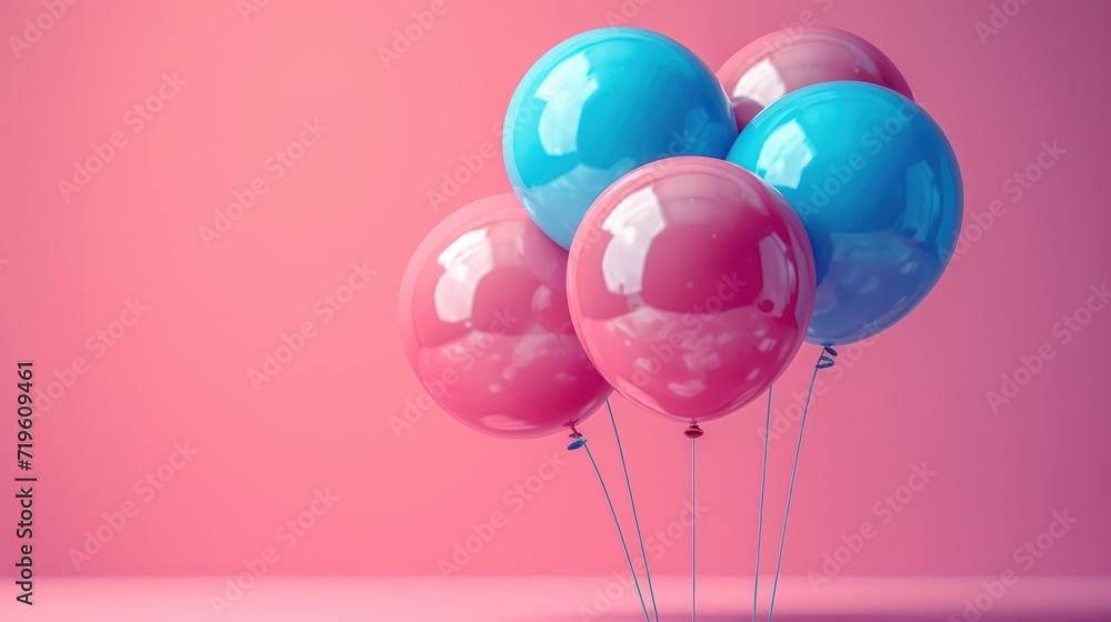  a bunch of blue and pink balloons floating on a pink surface with a pink wall in the background and a pink wall in the foreground with a pink background.
