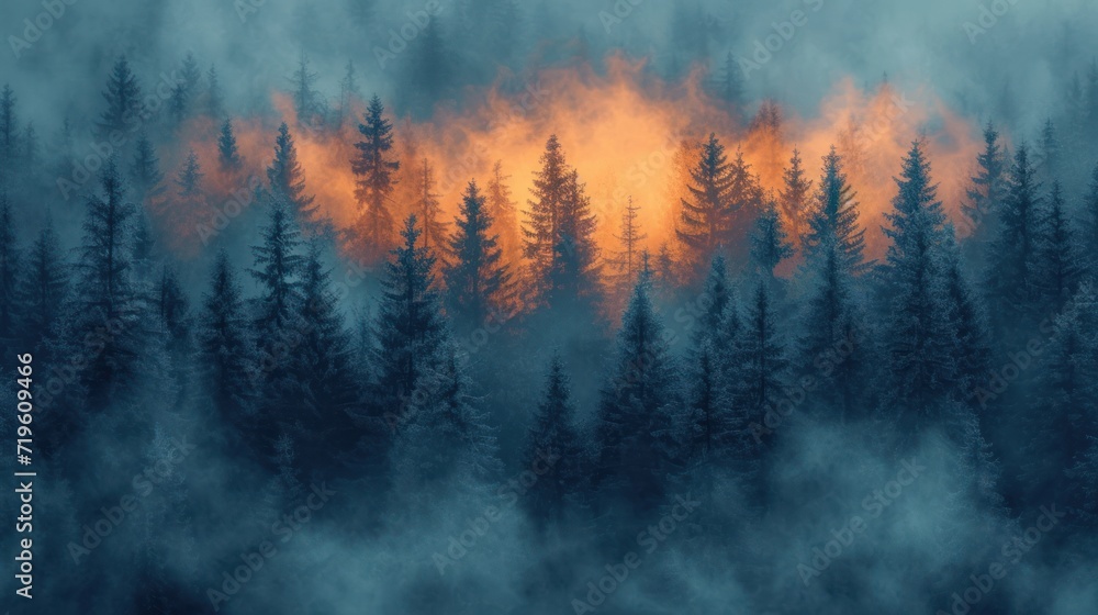 a forest filled with lots of trees on top of a foggy hillside with a sunset in the middle of the forest and a few trees in the foreground. a forest filled with lots of trees on top of a foggy hillside with a sunset in the middle of the forest and a few trees in the foreground.