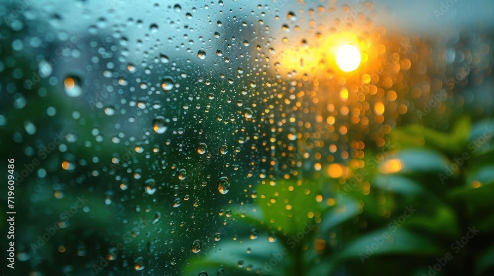  a close up of a rain covered window with the sun shining through the window and green leaves in the foreground, with a blurry background of trees and buildings in the background. - obrazy, fototapety, plakaty 