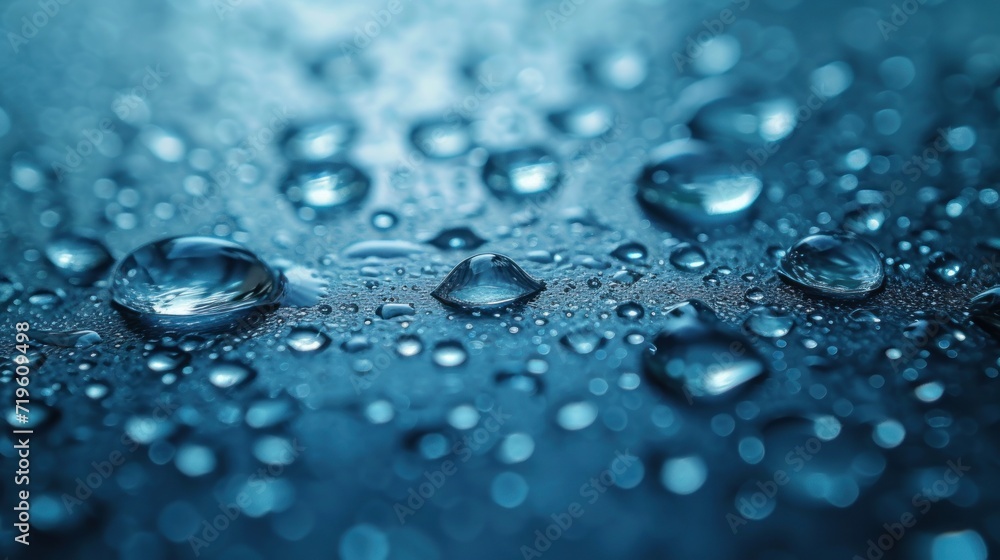  a close up of water droplets on a blue surface with a blurry back drop of water on the left side of the frame and right side of the image.