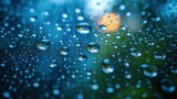  a close up of raindrops on a window with a street light in the distance in the distance is a blurry image of trees and a yellow light in the background.