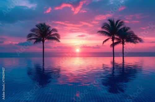 the swimming pool under palm trees at sunset © olegganko