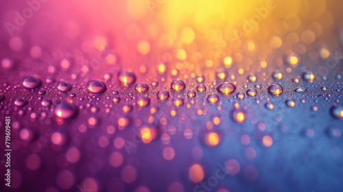  a close up of water droplets on a purple and blue surface with a yellow and pink background in the center of the image is a blurry blurry image.