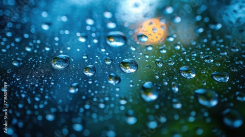  a close up of raindrops on a window with a street light in the distance in the distance is a blurry image of trees and a yellow light in the background.