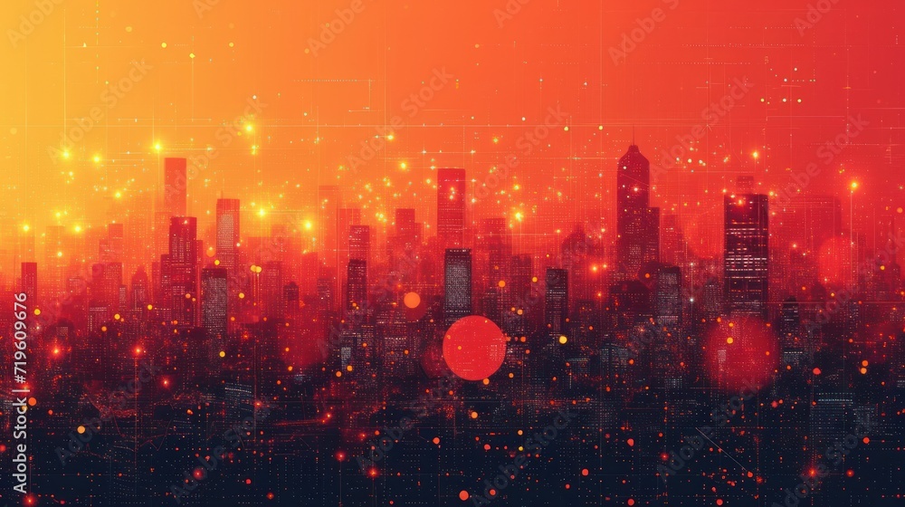 an orange and red cityscape with a red dot in the middle of the image and a red dot in the middle of the image in the middle of the image. an orange and red cityscape with a red dot in the middle of the image and a red dot in the middle of the image in the middle of the image.