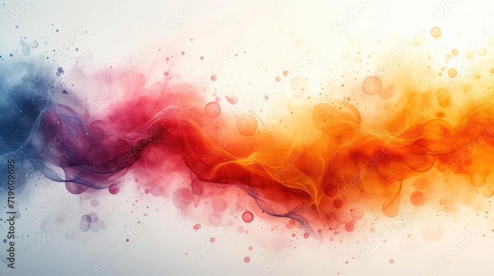  a red, orange, and blue cloud of smoke on a white background with drops of water on the left side of the image and on the right side of the image is a white background.
