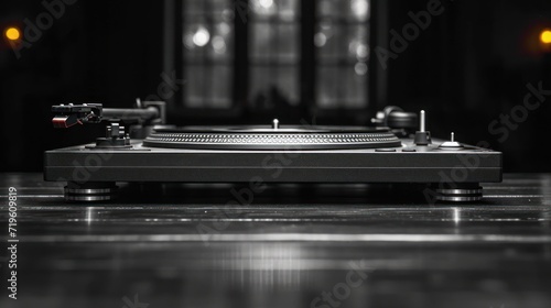  a turntable sitting on top of a table in front of a window with a light shining down on the floor and the top of the table is shiny black.