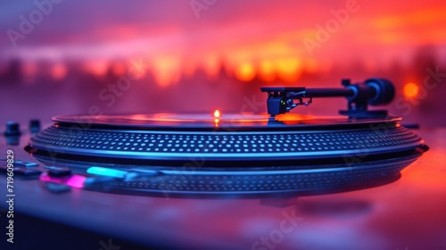  a turntable sitting on top of a table in front of a red and blue background with a blurry image of trees and a red and orange sky in the background. photo