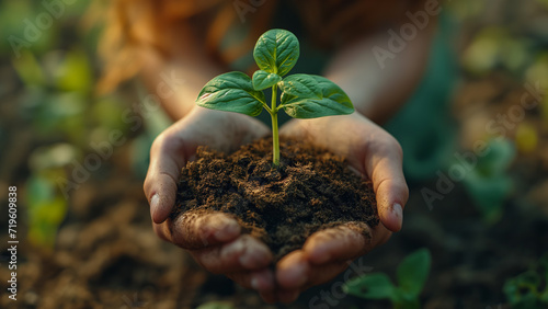 Unrecognizable woman holding a green seedling growing in soil. Woman holding young green seedling in soil, closeup