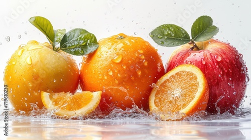  a group of oranges and an apple with water splashing around them on a white background with a splash of water on top of the oranges and leaves.