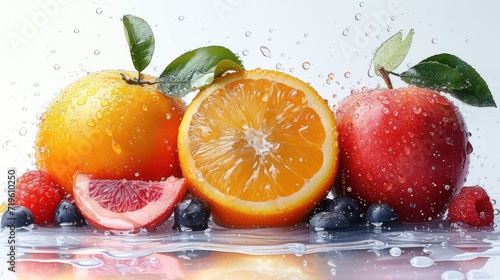  a group of fruit with water splashing on the top of them and on the bottom of the picture are oranges  blueberries  raspberries  and lemons.