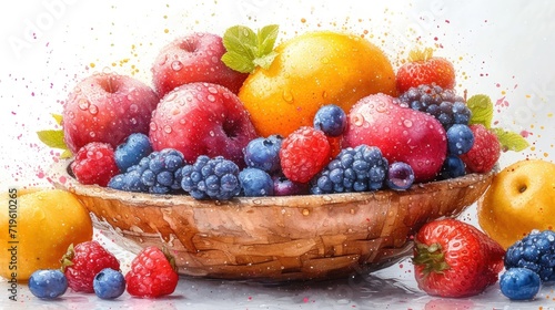  a painting of a wooden bowl filled with berries  oranges  raspberries  and lemons with drops of water on the bottom of a white background.