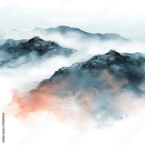  a digital painting of a mountain range in the distance with a red sky in the foreground and a white sky in the background with clouds in the foreground.