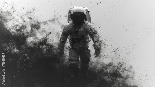  a black and white photo of a man in an astronaut's suit walking through a cloud of black smoke and black dust on a white background of black and white.