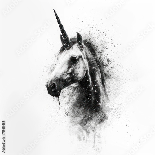  a black and white photo of a unicorn's head with a sprinkle of paint on it's face and a black and white background with a white background.