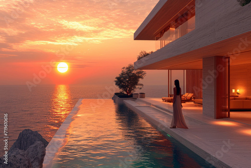 modern large villa overlooking the ocean with woman seen from the back wearing a beautiful long fitted summer dress as she looks out over the sea with a setting sun © Tjeerd