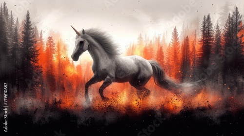  a painting of a white unicorn running through a forest with a fire in the sky and trees on the other side of the picture  and a fire in the middle of the foreground.
