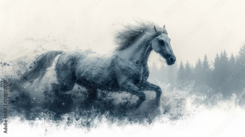 a black and white photo of a horse running in a field of grass with trees in the background and a foggy sky over the top of the grass area. a black and white photo of a horse running in a field of grass with trees in the background and a foggy sky over the top of the grass area.