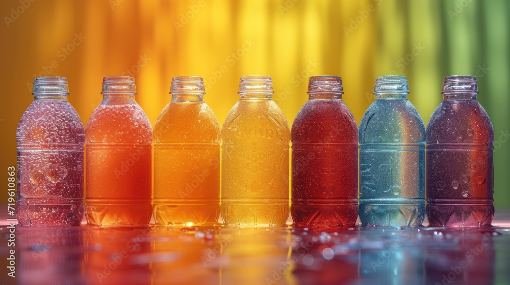 a row of bottles filled with liquid sitting on top of a glass table next to a rainbow colored wall and a black table with a black table cloth on it. a row of bottles filled with liquid sitting on top of a glass table next to a rainbow colored wall and a black table with a black table cloth on it.
