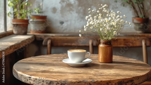  a cup of coffee sitting on top of a wooden table next to a vase filled with baby's breath flowers on top of a wooden table next to a window sill.