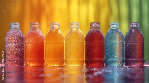  a row of bottles filled with liquid sitting on top of a glass table next to a rainbow colored wall and a black table with a black table cloth on it.