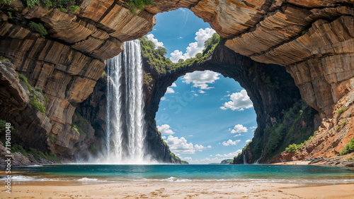 Fotografia Fantasy landscape of towering circular rock formation arches and high waterfall cascading down into the ocean, idyllic summer paradise island, hidden cove with sandy beach