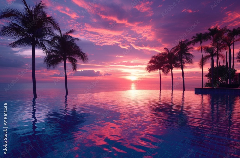 an infinity pool next to palm trees at sunset
