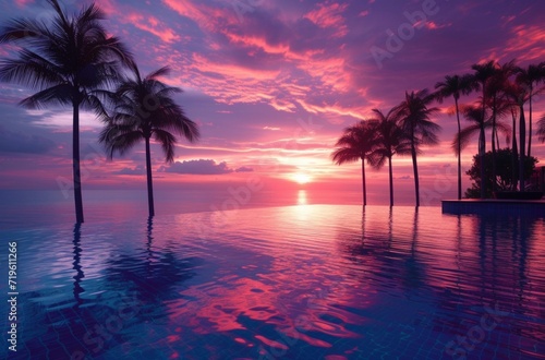 an infinity pool next to palm trees at sunset © olegganko