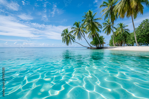 tropical paradise  where palm trees sway in the breeze  and crystal-clear waters beckon you to take a swim