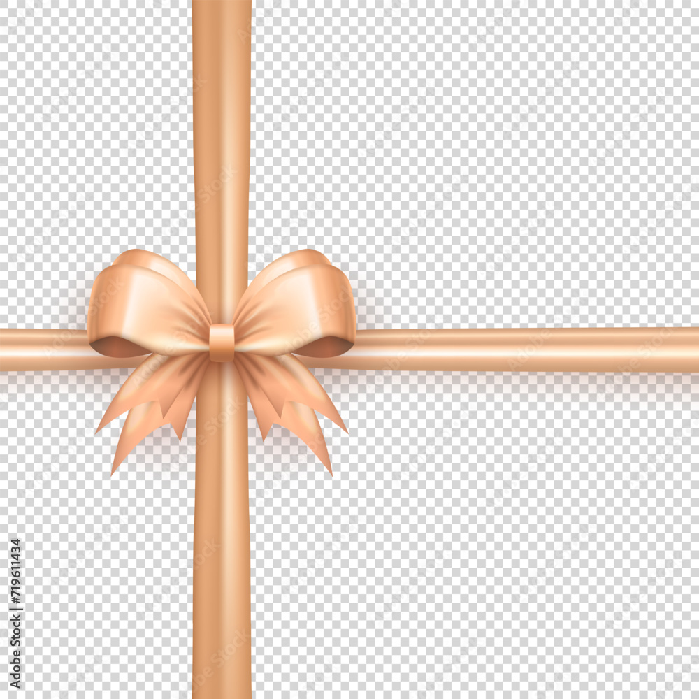 Template of beige realistic 3d bow knot with crossed ribbon on transparent background. Cute pastel three dimensional criss cross tied gift bow with silk tape for present wrapping or greeting postcard Template of beige realistic 3d bow knot with crossed ribbon on transparent background. Cute pastel three dimensional criss cross tied gift bow with silk tape for present wrapping or greeting postcard
