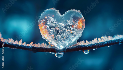 heart made of frozen ice is attached to a tree branch, shallow depth of field photo