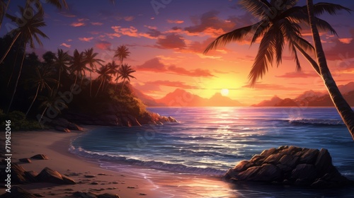 Tropischer Strand mit Palmen zum Sonnenuntergang