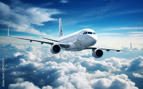 airplane sky  High-altitude airplane  Passenger airplane flying  Travel concept  Passengers commercial airplane  above clouds