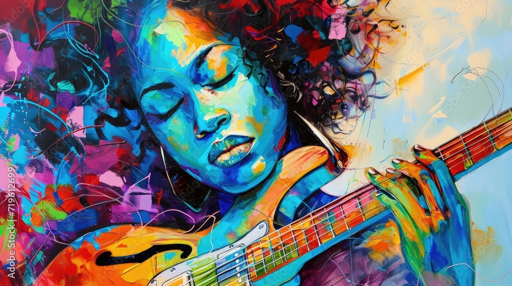 Abstract oil painting of a woman playing the electric guitar on colorful background