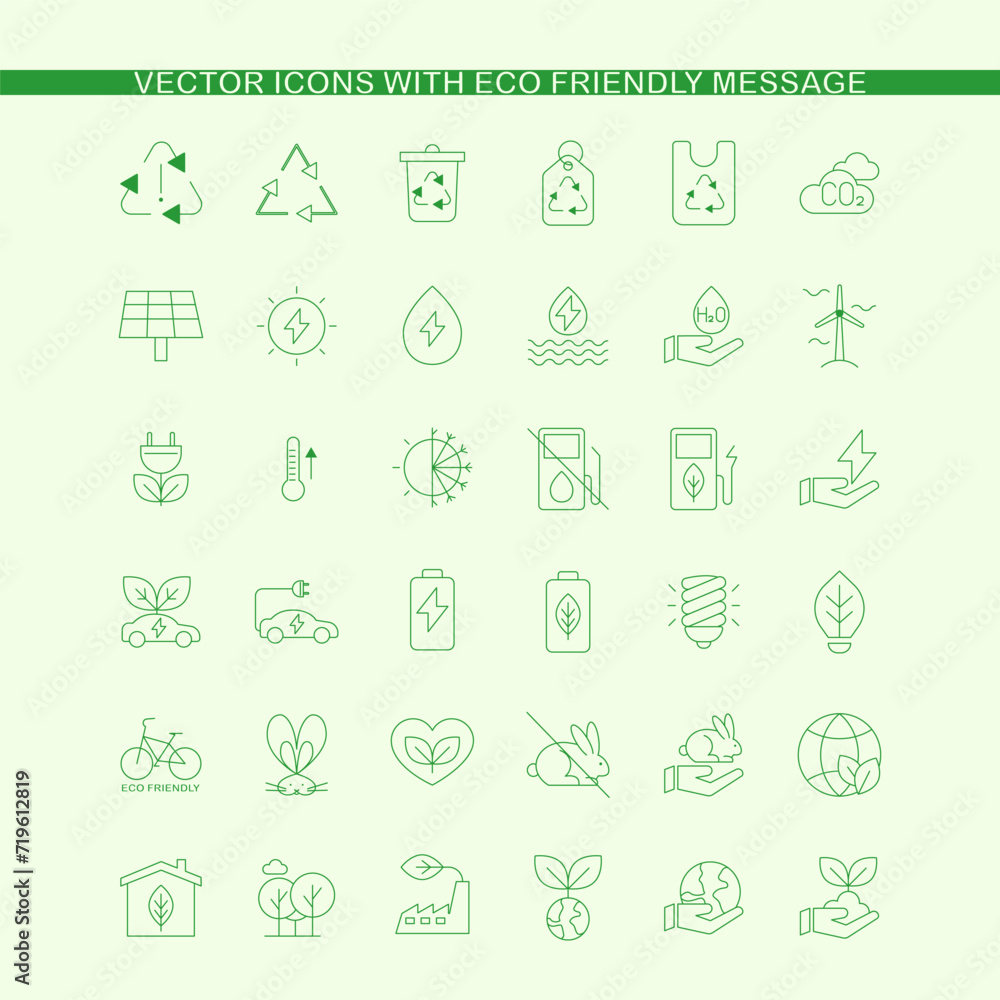 Set of eco thin line icons, ecology linear icons. Electric car, global warming, wind power, organic farming, environment, nature, recycle, renewable energy.