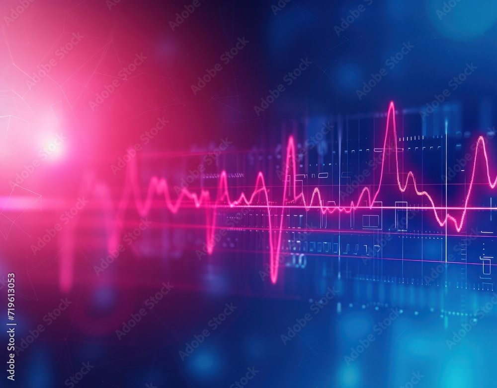 Abstract graphic visual of Heartbeat pulse neon red line, EKG cardio line background. Generated AI - obrazy, fototapety, plakaty 