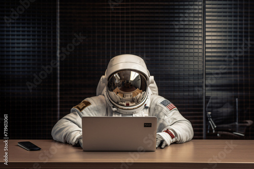 office worker, astronaut suit worker, astronaut table, desk laptop, workplace photo