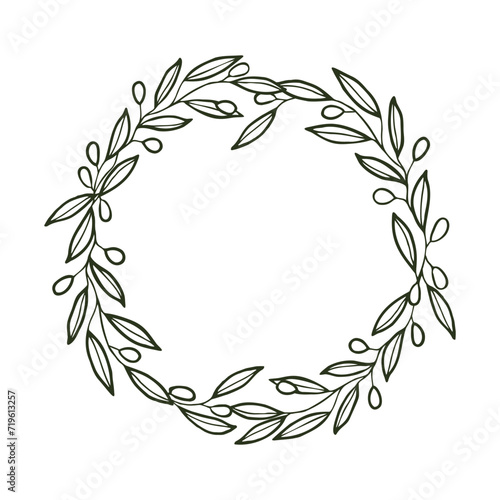 Circle wreath frame of olive branches and berries.