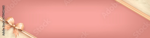Soft pink header with beige realistic 3d bow and empty space for text. Three dimensional silk bow in the corner with ribbon as frame for greeting card or gift box for wedding, birthday, holididays