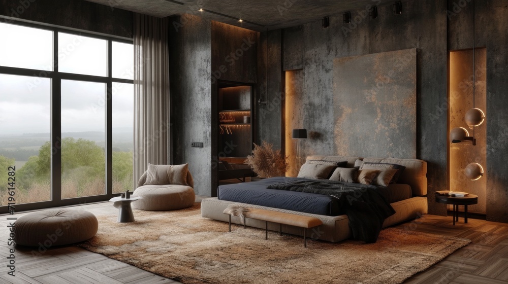 living room view of a concrete bedroom