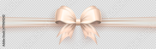 Three dimensional realistic beige bow knot with satin horizontal ribbon on transparent background. Template of 3d silk white gift bow for present wrapping or greeting postcards 