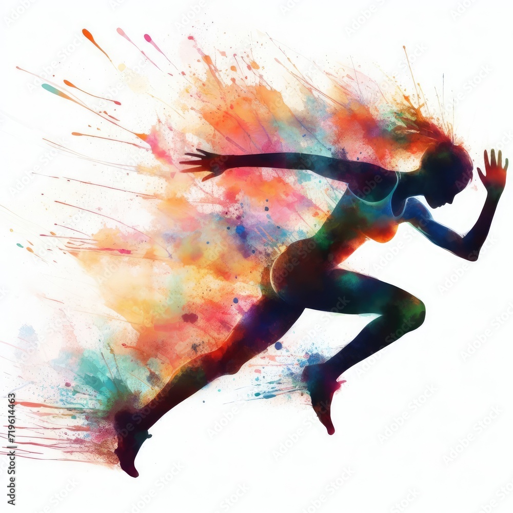 Silhouette of a sprinter running with a splash of color.